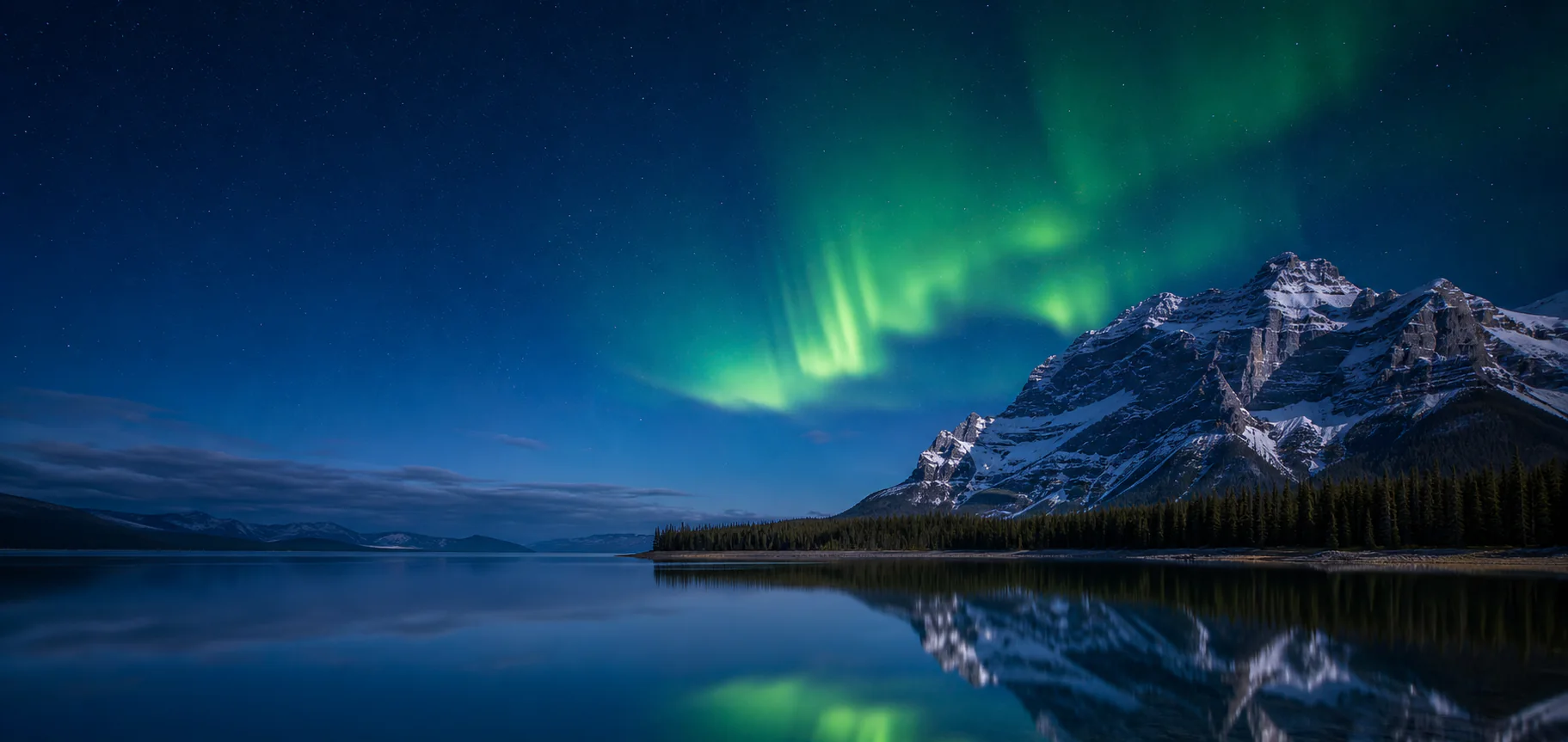 Aurora borealis over a Canadian mountain lake