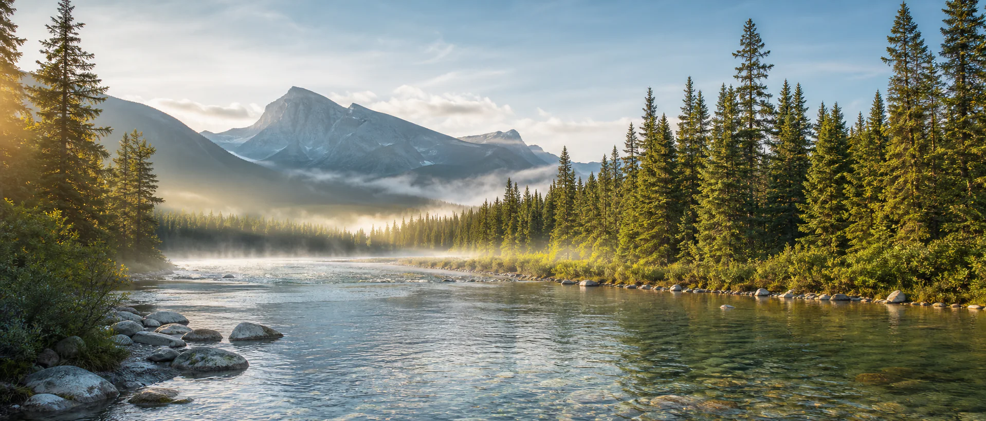 Clear river winding through a Canadian boreal forest