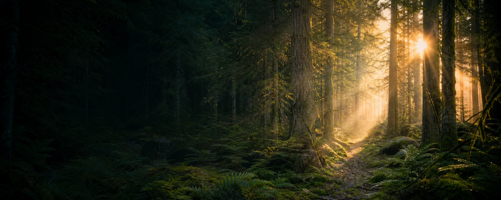 Morning sunlight through a northern evergreen forest